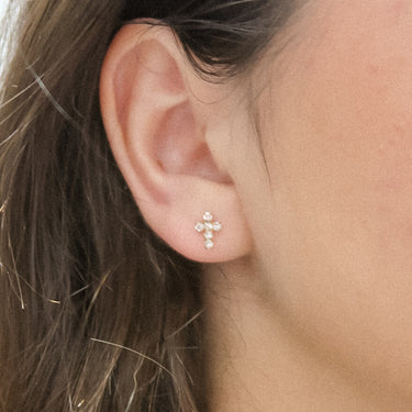 Gold CZ Cross Stud Earrings